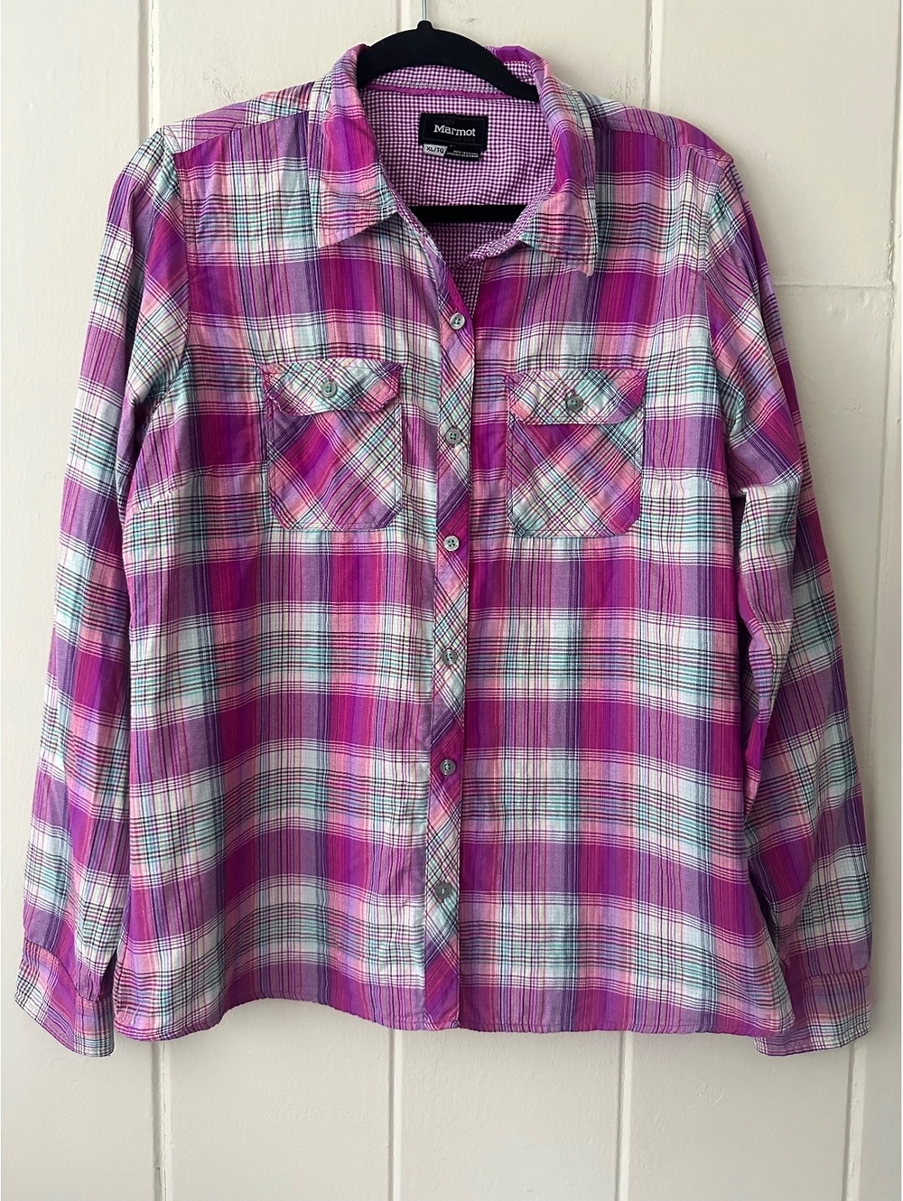 Marmot Women's Plaid Button-Up Long Sleeve Shirt Magenta White Gorpcore Size XL